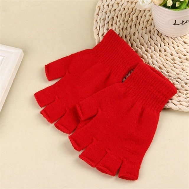 Black Short Fingerless Wool Knit Gloves for Women and Men