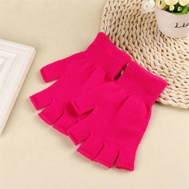 Black Short Fingerless Wool Knit Gloves for Women and Men